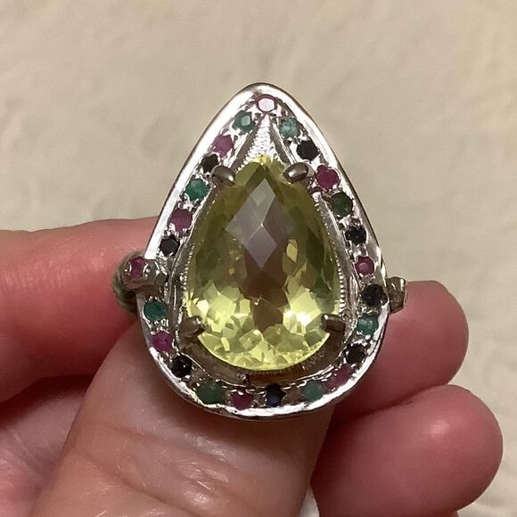 sterling SILVER 929 CITRINE/EMERALD/RUBY/BLUE SAPPHIRE WOMAN RING SIZE US 7.25 - Picture 8 of 9